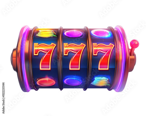 Colorful slot machine reel with vibrant lights and bold '777' symbols.