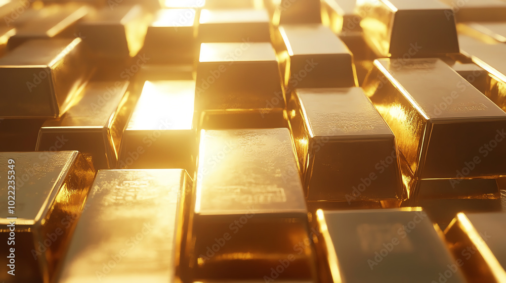 Fototapeta premium Collection of shiny gold bars stacked closely together, illuminated by warm light, creating a luxurious and wealth-focused atmosphere.