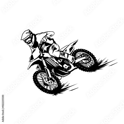 motocross rider drifting turning corner black and white front view left side vector line art