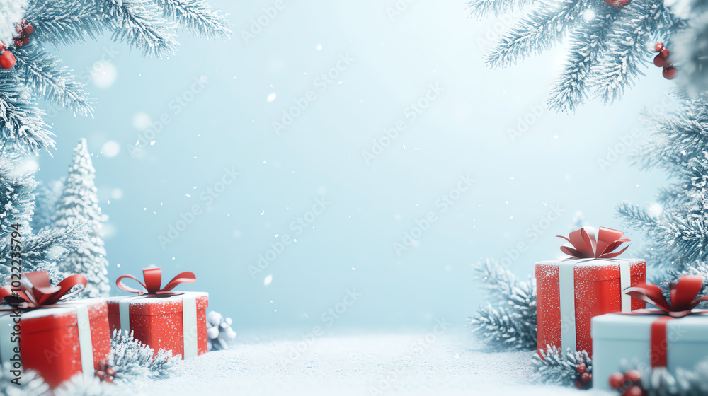 Festive winter wonderland scene with snow-covered pine trees and beautifully wrapped red gift boxes under a soft blue background.