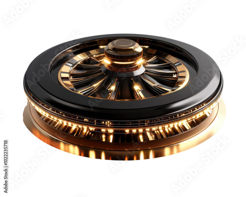 Elegant roulette wheel with gold accents on a black surface, white isolated background. photo