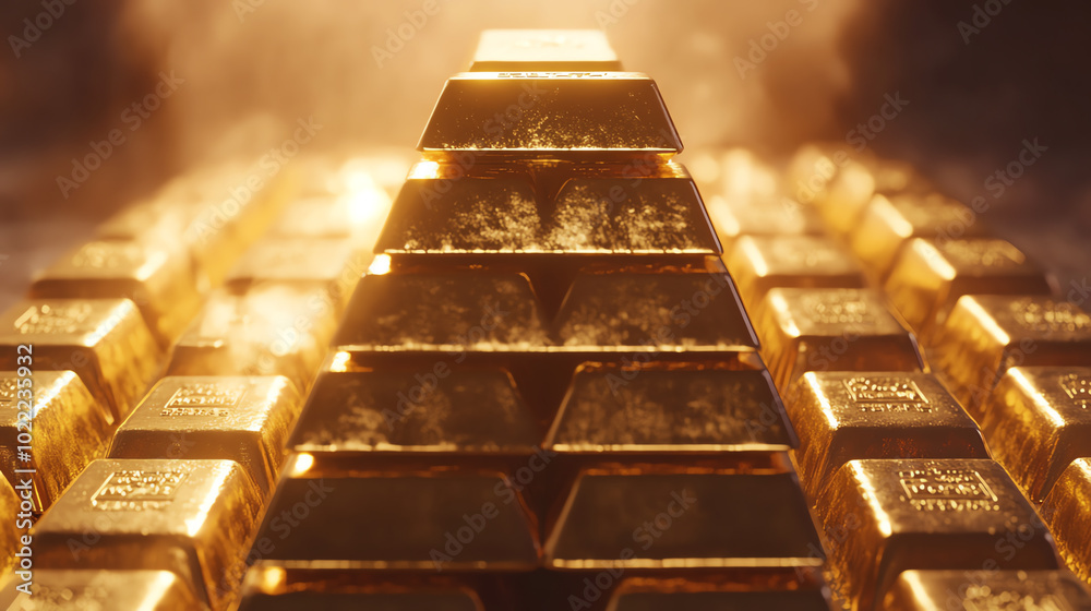 Stacks of shiny gold bullion bars arranged meticulously, glowing under focused light, symbolizing wealth and investment opportunities. Stacks of shiny gold bullion bars arranged meticulously, glowing under focused light, symbolizing wealth and investment opportunities.