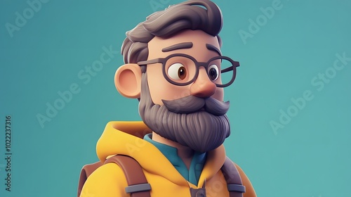 3D cartoon man with a beard and glasses, wearing a yellow jacket and backpack, looking to the right.