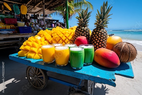 A colorful market stall selling fresh tropical fruits and smoothies, with vibrant colors of pineapples, mangoes, and coconuts displayed on a cart photo