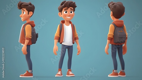 3D render of a cartoon boy wearing a backpack and smiling, viewed from three angles. photo