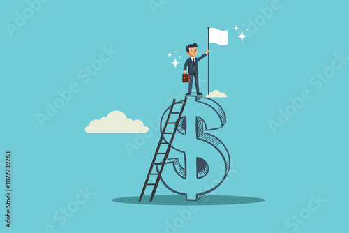 Happy smart businessman successfully climbing the ladder and standing on dollar symbol with victory flag