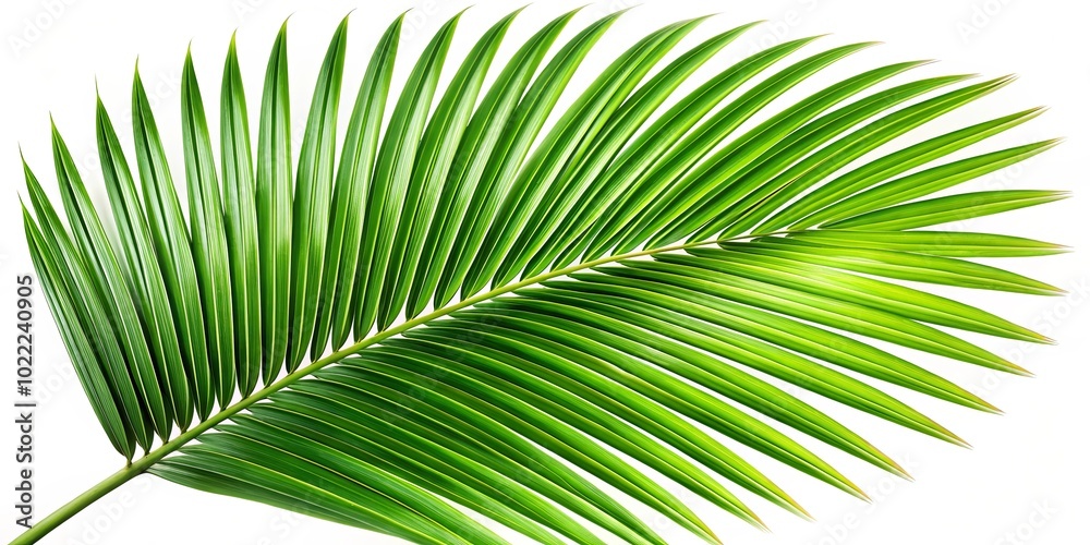 Obraz premium A single palm frond with delicate green veins, isolated on a crisp white background, showcasing the intricate patterns of nature's artistry.