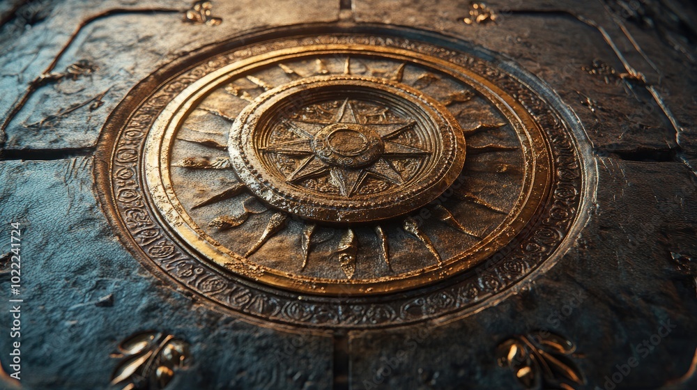 Ornate Golden Compass Rose Embedded in Stone
