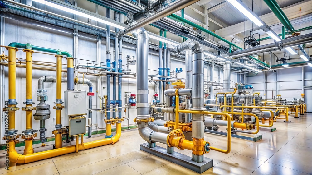 An industrial space featuring a complex network of pipes, valves, and gauges, showcasing the intricate infrastructure of a modern facility. An industrial space featuring a complex network of pipes, valves, and gauges, showcasing the intricate infrastructure of a modern facility.