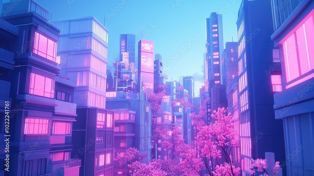 Cityscape with Pink and Blue Neon Lighting and Blooming Trees Cityscape with Pink and Blue Neon Lighting and Blooming Trees