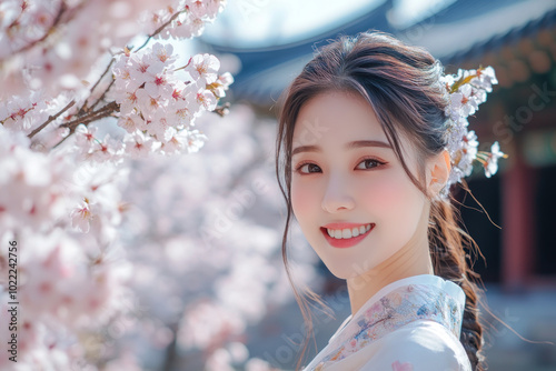 Indonesian woman smile wearing traditional korean hanbok cloth in cherry blossom