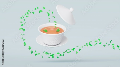 An animation of a strand of tea leaf floating into a teacup and teapot,3D rendering