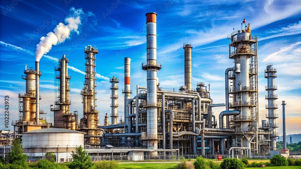 Obraz premium A sprawling industrial complex with towering smokestacks and intricate networks of pipes and platforms, bathed in the warm hues of a setting sun, signifying the relentless rhythm of human industry