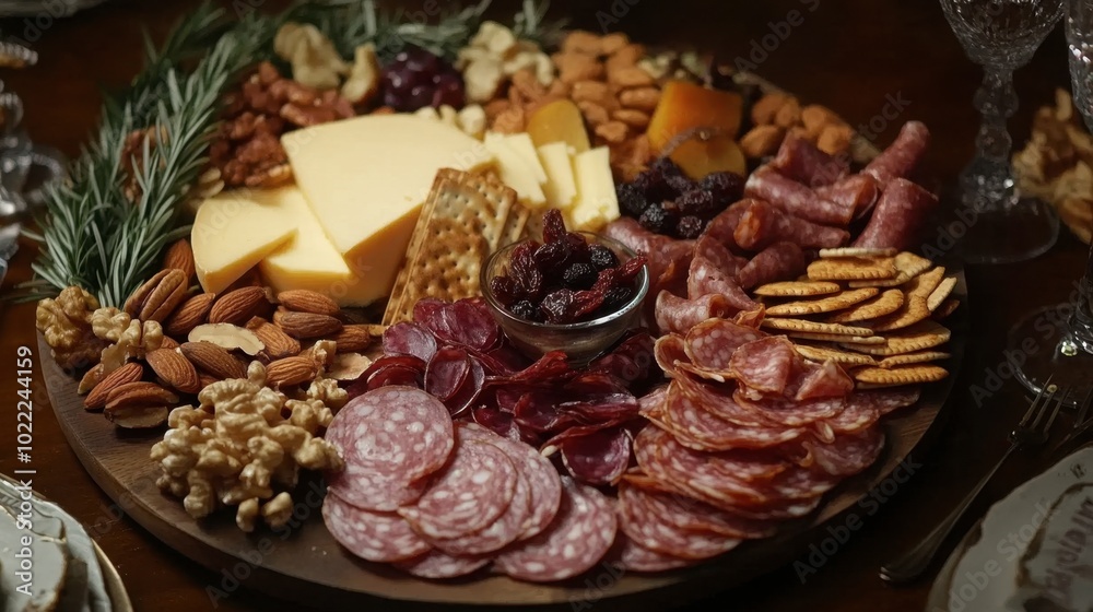 A charcuterie board with ham sausage, nuts, dried fruits, cheese, and crackers, styled elegantly for a dinner party. A charcuterie board with ham sausage, nuts, dried fruits, cheese, and crackers, styled elegantly for a dinner party.