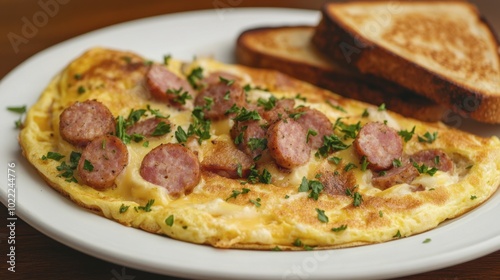 A classic ham sausage and cheese omelette, garnished with fresh parsley, served on a white plate with toast on the side.