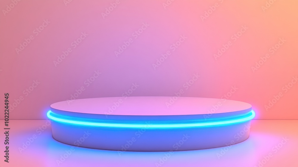 White Circular Pedestal with Blue Neon Light on Pink Gradient Background White Circular Pedestal with Blue Neon Light on Pink Gradient Background