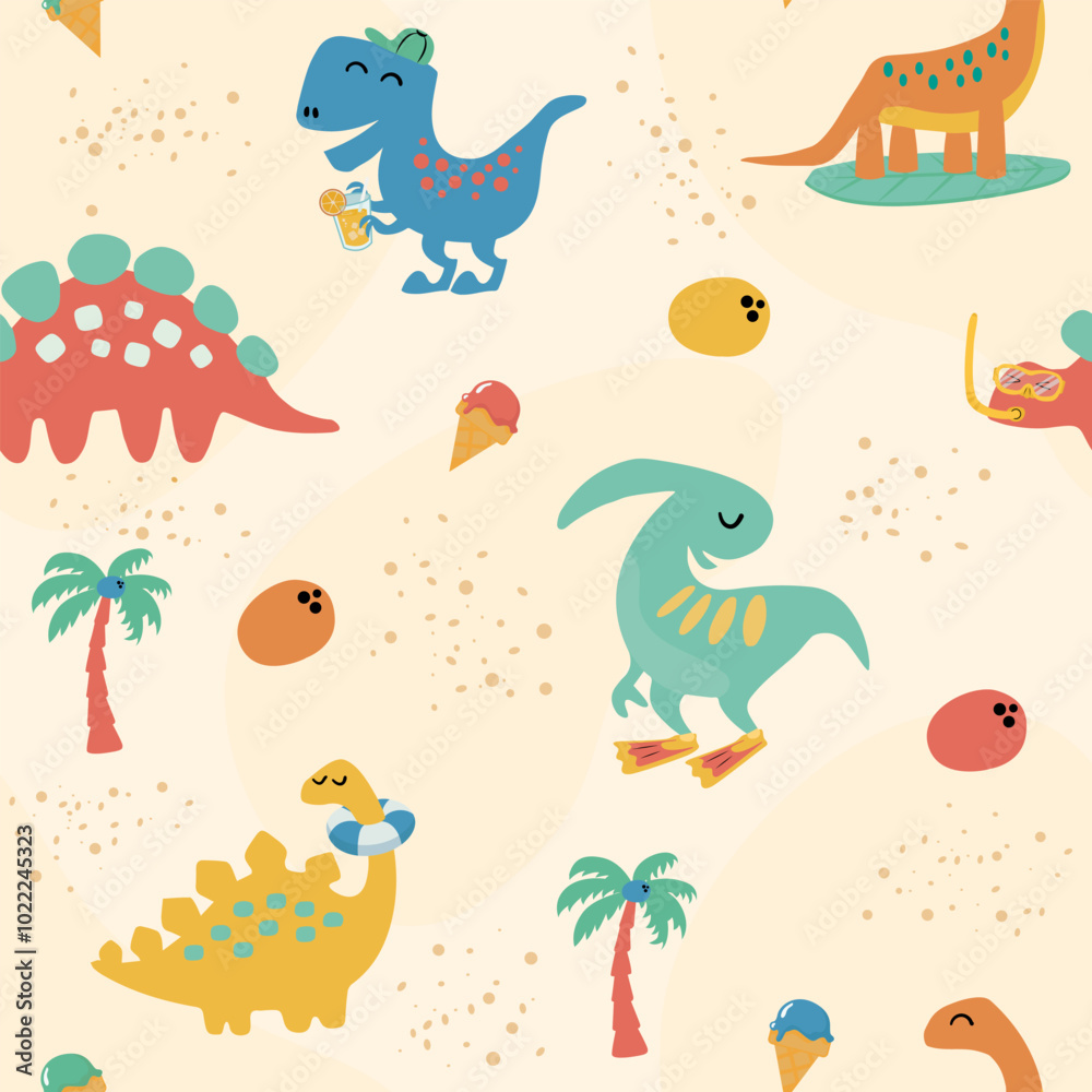 Dinosaurs on the beach seamless pattern. Adorable cartoon dino with lifebuoy, surfboard, fins, palm, coconut, ice cream, and lemonade in flat style. Dinosaurs on the beach seamless pattern. Adorable cartoon dino with lifebuoy, surfboard, fins, palm, coconut, ice cream, and lemonade in flat style.