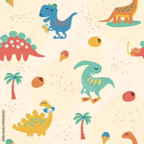 Dinosaurs on the beach seamless pattern. Adorable cartoon dino with lifebuoy, surfboard, fins, palm, coconut, ice cream, and lemonade in flat style.