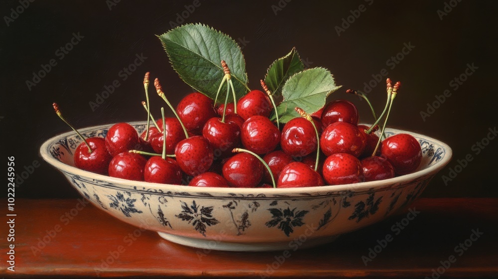A close-up of cherries in a ceramic bowl, with a few leaves as garnish. A close-up of cherries in a ceramic bowl, with a few leaves as garnish.