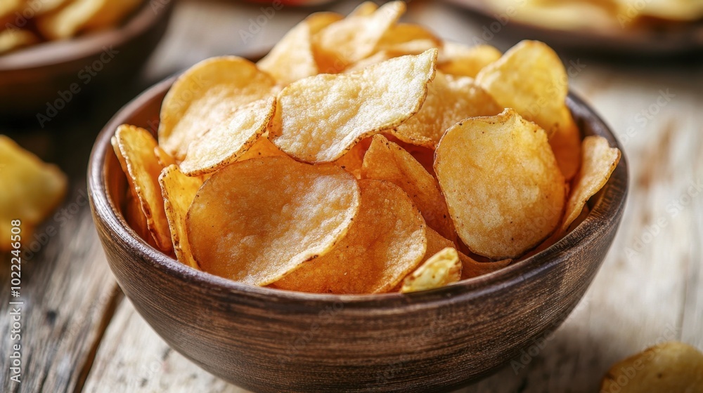 A close-up shot of crispy golden potato chips in a bowl on a wooden table.