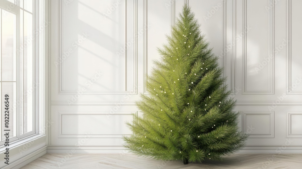 Modern Christmasthemed room with a fully decorated green tree on white walls, perfect for holiday settings Modern Christmasthemed room with a fully decorated green tree on white walls, perfect for holiday settings