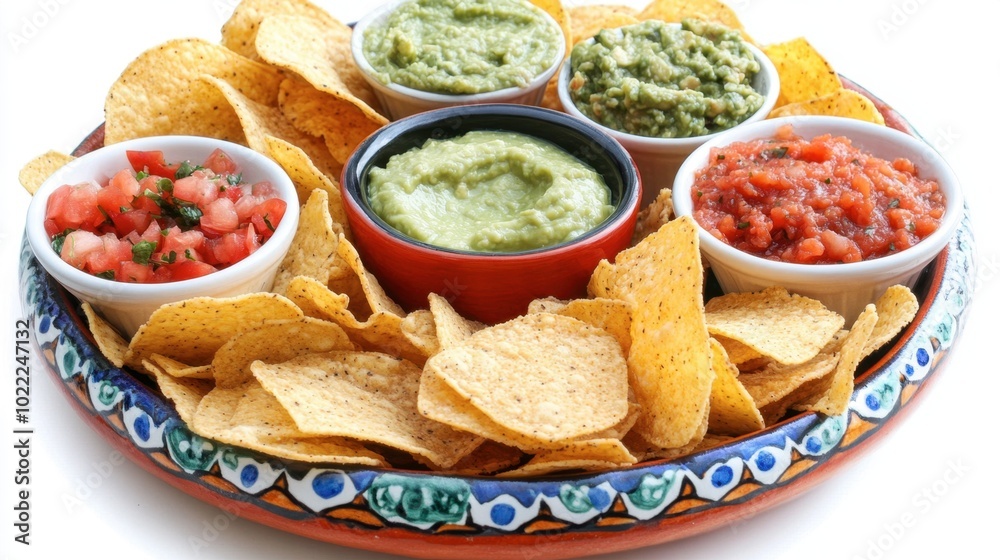 A colorful snack platter with potato chips, salsa, guacamole, and a variety of dips. A colorful snack platter with potato chips, salsa, guacamole, and a variety of dips.