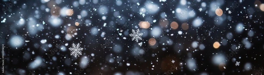 Obraz premium Snowflakes slowly drifting down against a dark backdrop, falling snowflakes, winter serenity