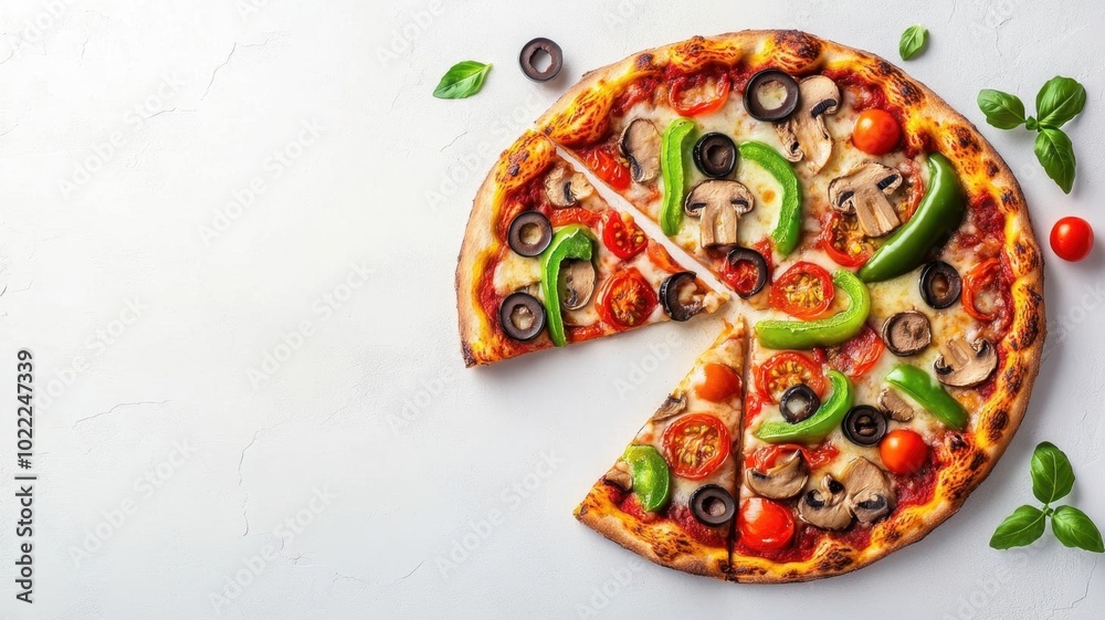 Top view of a delicious vegetable pizza with green peppers, mushrooms, tomatoes, and olives, one slice missing on a white background Top view of a delicious vegetable pizza with green peppers, mushrooms, tomatoes, and olives, one slice missing on a white background