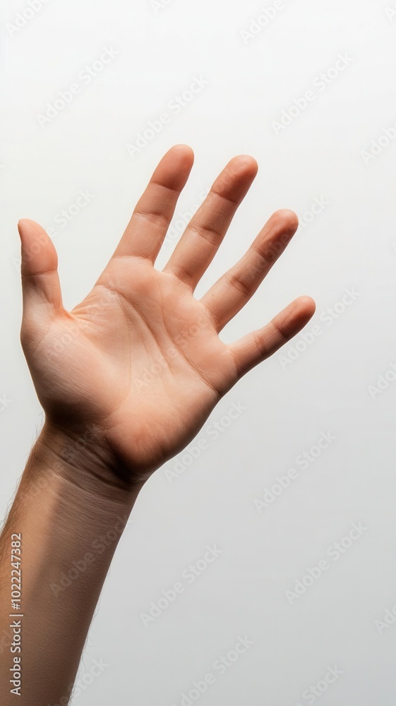 A closeup view of an outstretched hand reaching forward against a white background, palm open A closeup view of an outstretched hand reaching forward against a white background, palm open