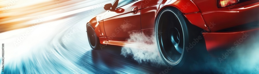 Fototapeta premium A car drifting around a corner in slow motion, tires kicking up smoke, car drifting, racing action