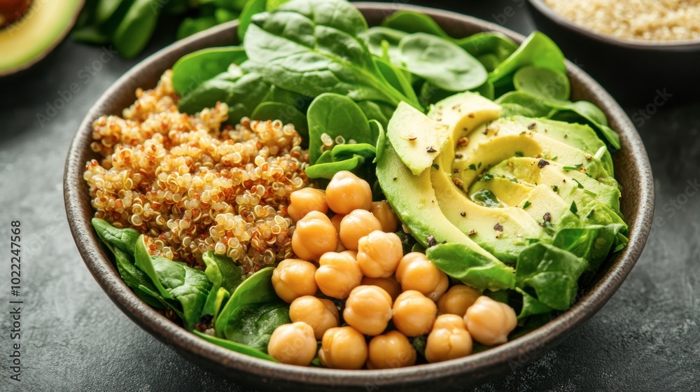 A colorful vegetarian Buddha bowl with chickpeas, spinach, quinoa, and avocado. A colorful vegetarian Buddha bowl with chickpeas, spinach, quinoa, and avocado.