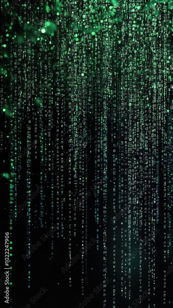 A digital rain of green binary code streaming down a black background, evoking themes of the virtual world and advanced coding