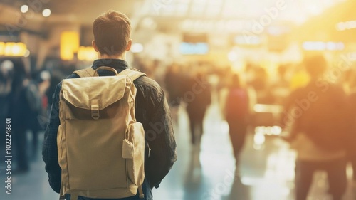 A traveler with a beige backpack walking through a busy airport terminal, surrounded by a soft, golden light from sunset photo