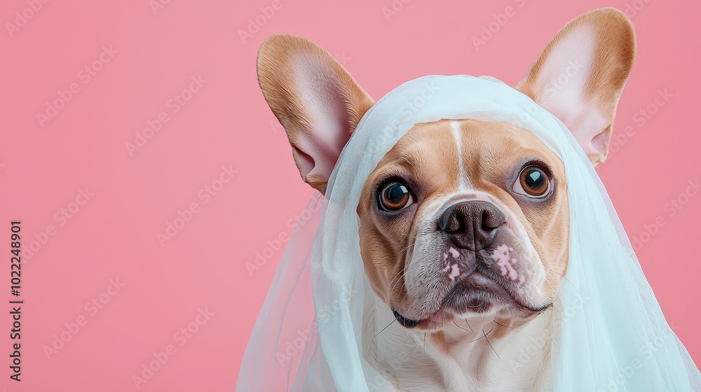 Cute French Bulldog Puppy in White Veil on Pink Background Halloween Costume Cute French Bulldog Puppy in White Veil on Pink Background Halloween Costume