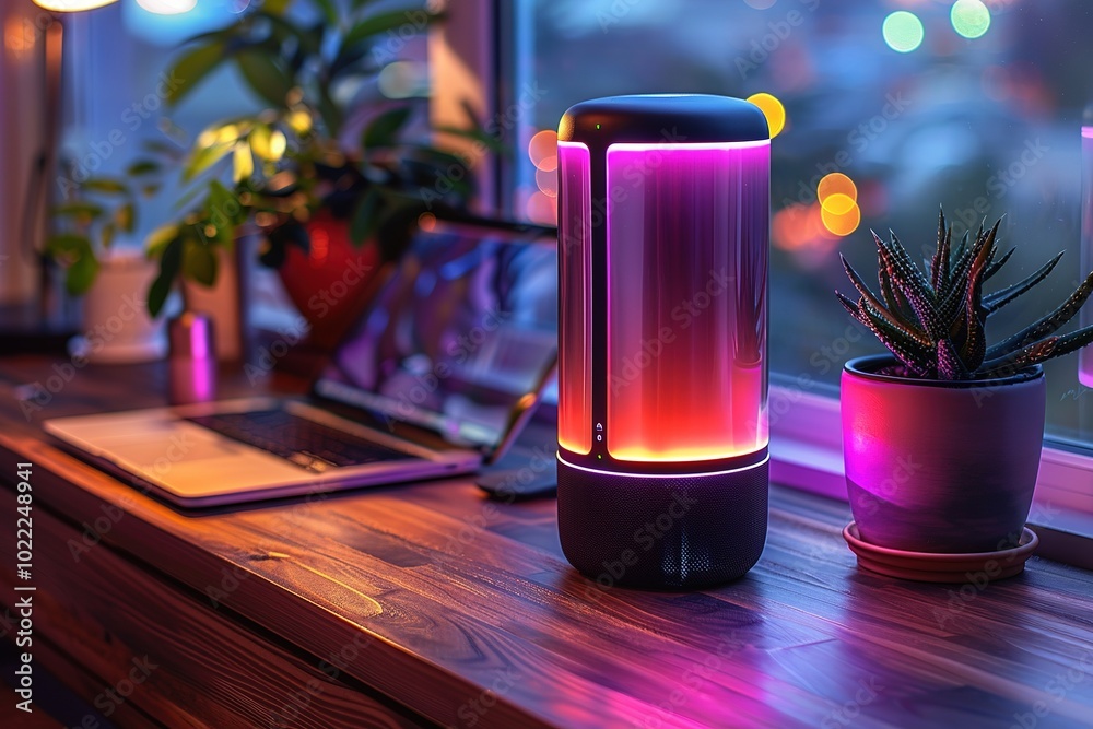 A laptop is on a wooden desk next to a small plant A laptop is on a wooden desk next to a small plant