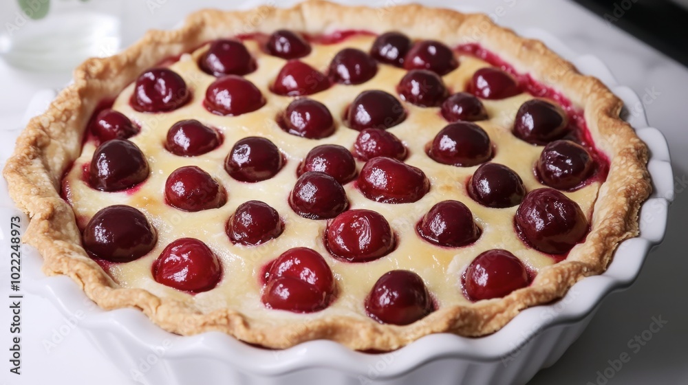 A delicious cherry pie, topped with whole red cherries and a golden crust. A delicious cherry pie, topped with whole red cherries and a golden crust.