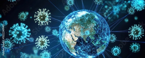 An abstract globe with viruses surrounding it connected by a web of blue lines, symbolizing a global pandemic threat