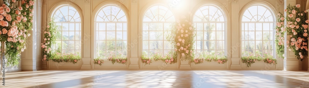 A luxurious sunlit ballroom with large arched windows, adorned with climbing pink roses and classical decor A luxurious sunlit ballroom with large arched windows, adorned with climbing pink roses and classical decor