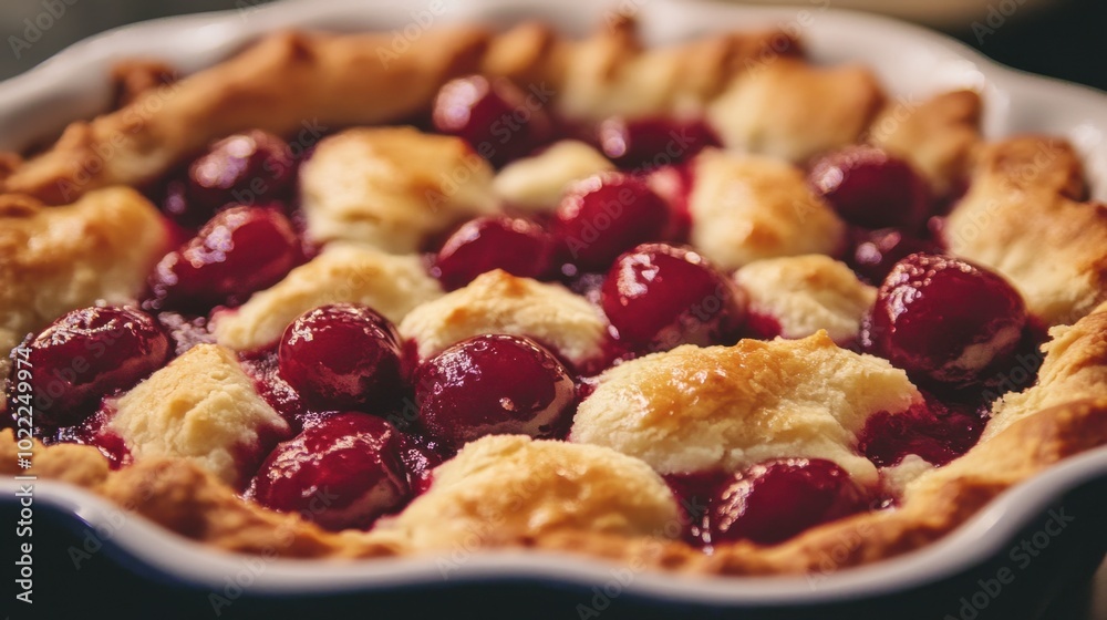 A freshly baked cherry cobbler, with golden crust and juicy red cherries bubbling inside. A freshly baked cherry cobbler, with golden crust and juicy red cherries bubbling inside.