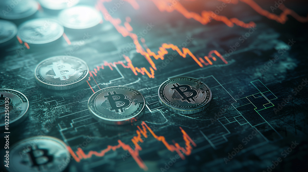 Naklejka premium Bitcoin mining farm showcasing cryptocurrency trading, with graphs illustrating market trends, growth, and decline in digital currency values for effective investment strategies
