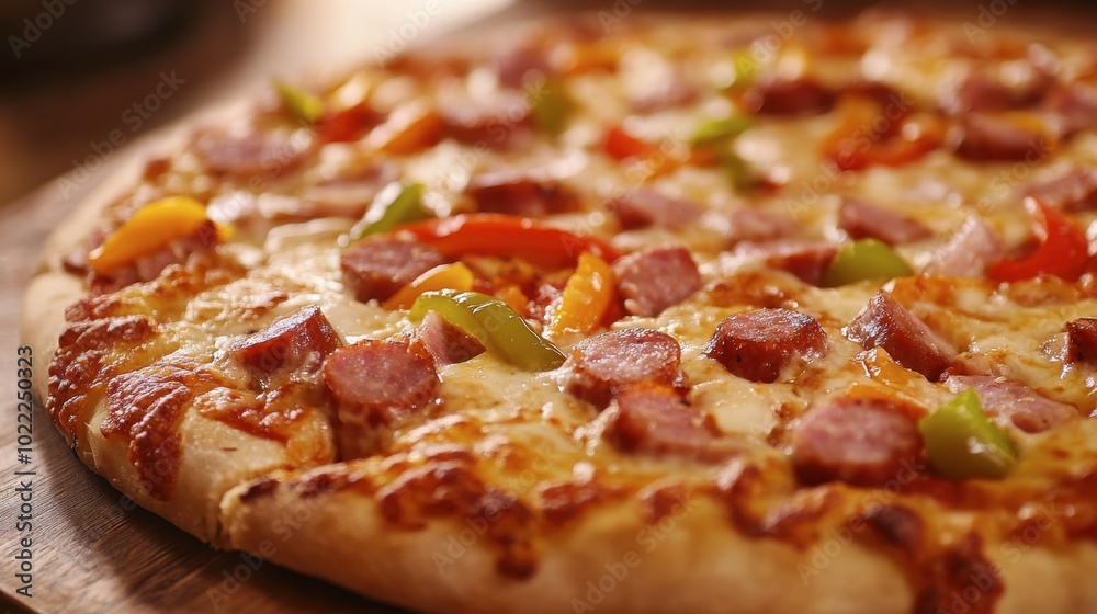 A ham sausage pizza fresh out of the oven, with gooey melted cheese, peppers, and onions, served on a rustic wooden table. A ham sausage pizza fresh out of the oven, with gooey melted cheese, peppers, and onions, served on a rustic wooden table.