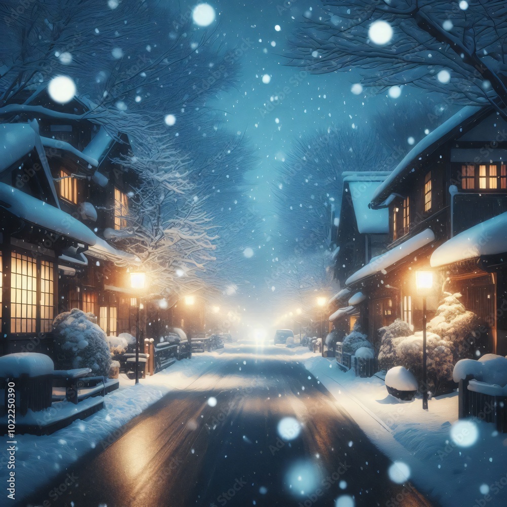 Snowflakes falling softly on a quiet street