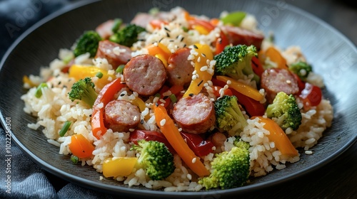 A ham sausage and vegetable stir-fry, with colorful peppers, onions, and broccoli, served over rice for a healthy meal.