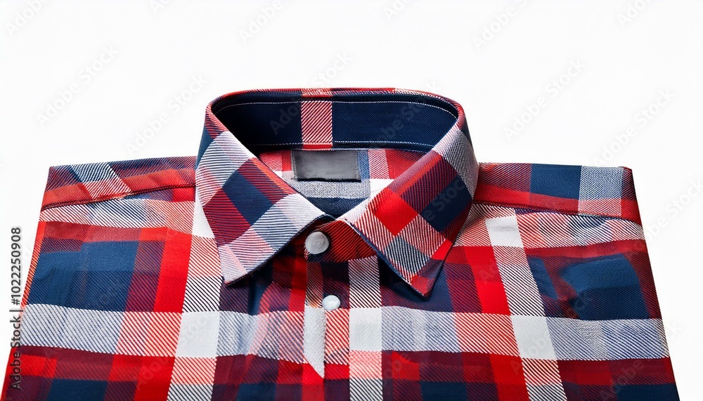 Fototapeta premium カジュアルなチェック柄シャツの襟部分が映し出され、襟の周りに空間が広がるシンプルなデザイン。余白部分にテキストやブランドメッセージを配置できる