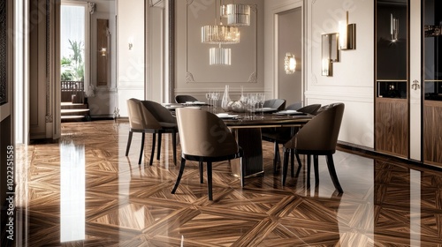 A luxurious dining room with elegant furniture and glossy parquet floors, showing intricate wood patterns and natural light reflection.