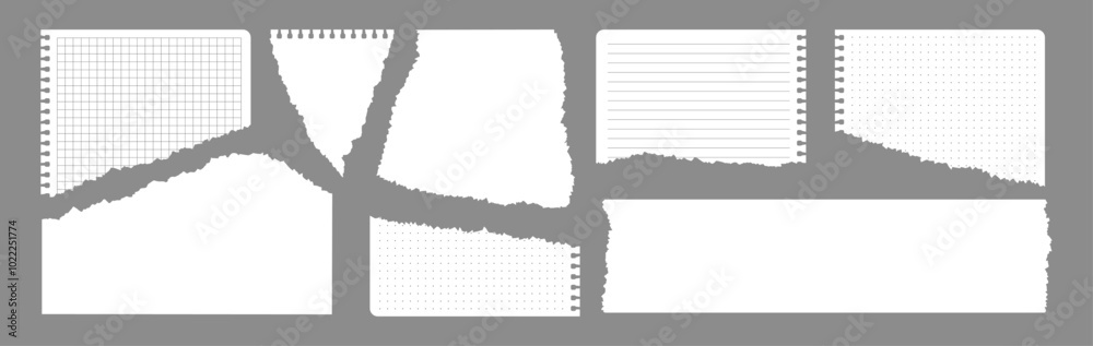 Ripped notebook paper, pieces of pages of school notepad, white scraps of notepaper. Vector illustration.