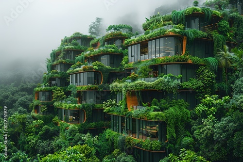 A smart city that integrates vertical farming and green spaces into its architecture, offering