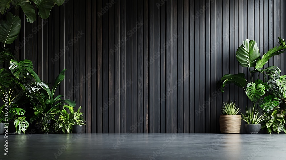 Minimalist Interior with Dark Wood Walls and Lush Greenery Minimalist Interior with Dark Wood Walls and Lush Greenery