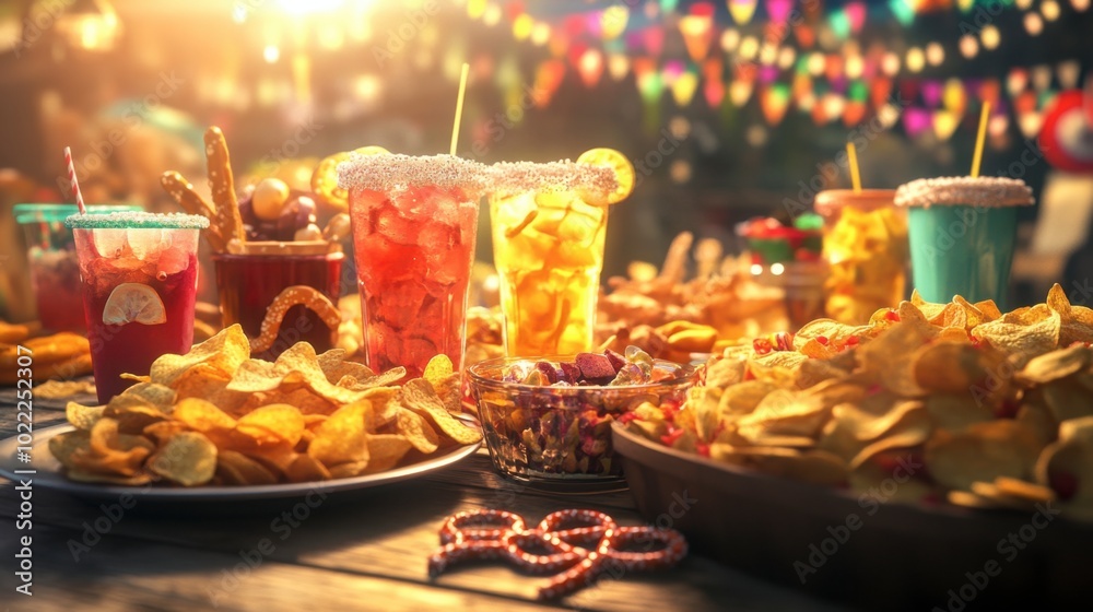Fototapeta premium A party spread featuring potato chips, pretzels, and various beverages in a lively setting.