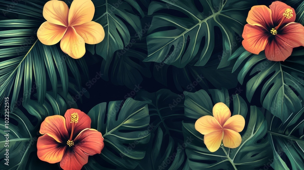 Tropical Flowers and Green Leaves Background Design